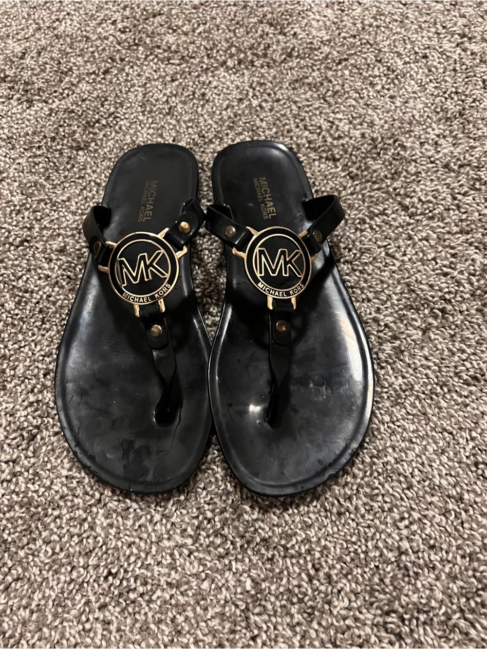 Michael Kors Black Jelly Thong Sandals with Gold MK Logo